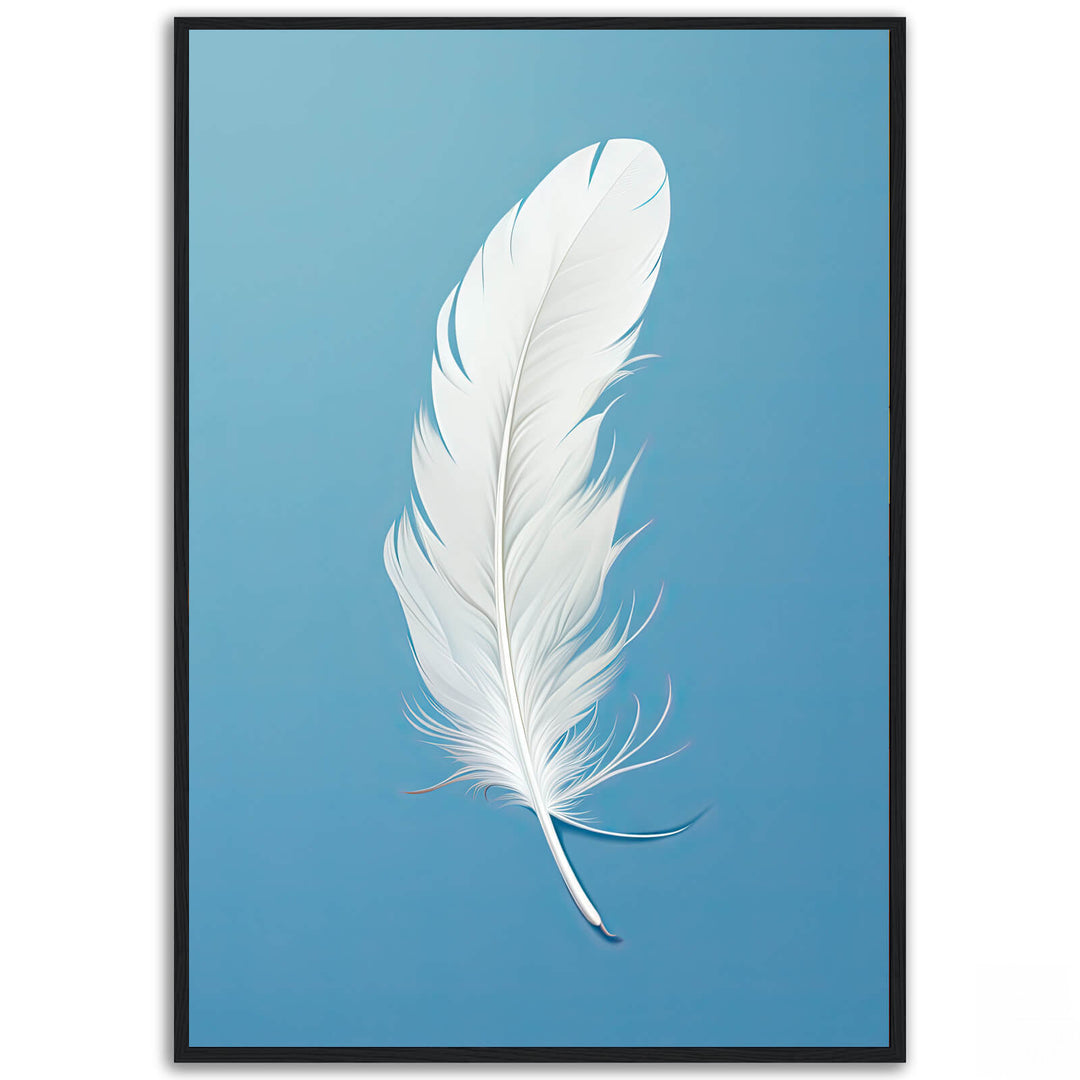 Calm Quill fine art print featuring a white feather on a deep blue background in a calm minimalist composition.