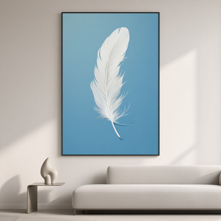 Calm Quill blue feather wall art displayed above a sofa in a calm contemporary interior.