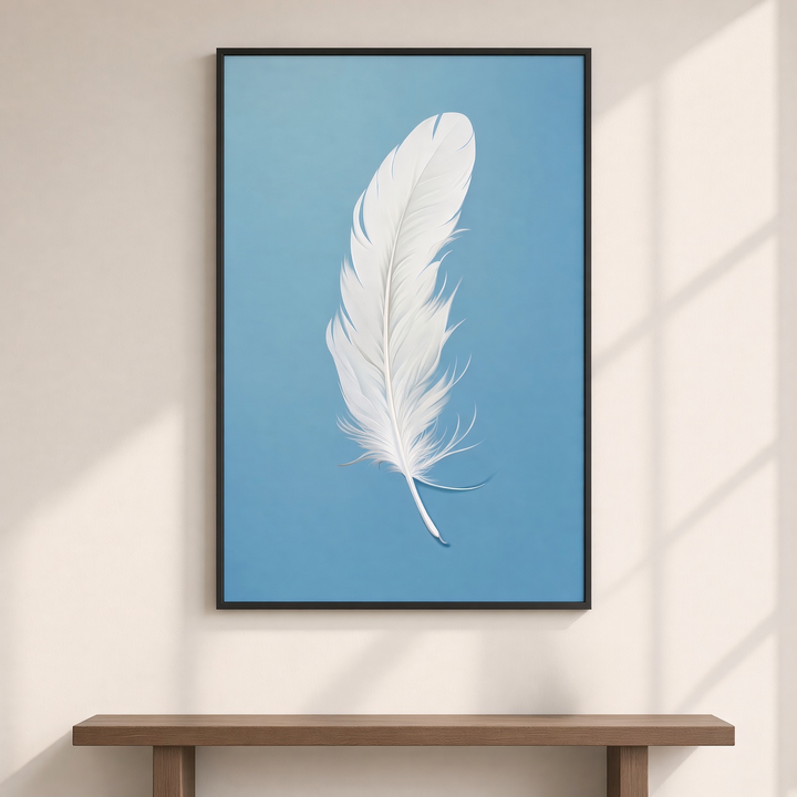 Calm Quill minimalist feather wall art displayed above wooden decor in a warm modern interior.