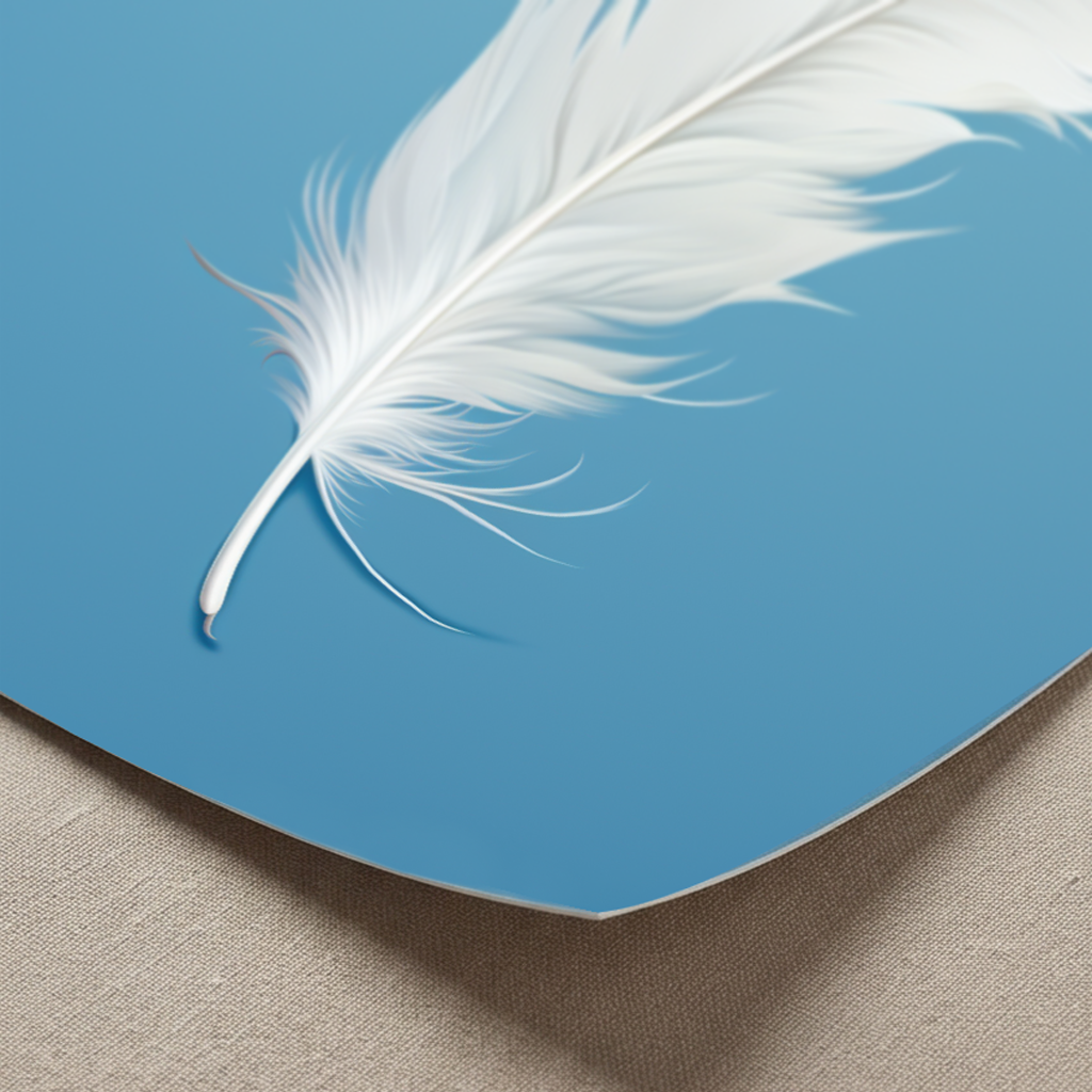 Close-up detail of the Calm Quill fine art print, highlighting the white feather and deep blue tones.