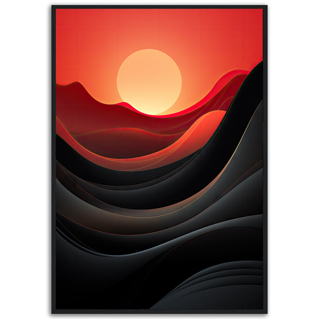 Dawn of Waves minimalist fine art giclée print by Papanee Studio – abstract sunset with flowing waves in deep black and warm red hues, luxury wall art.