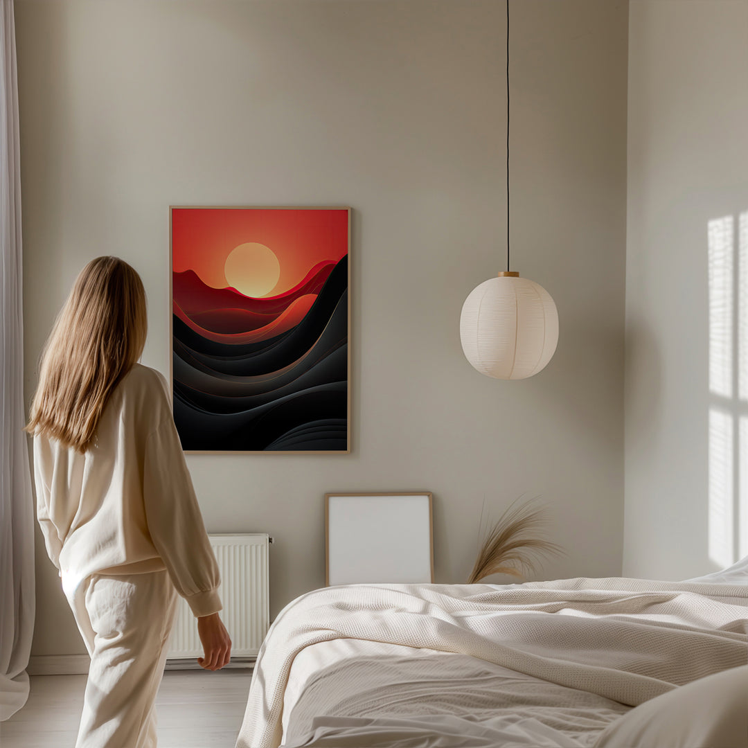 Framed Dawn of Waves artwork by Papanee Studio displayed in a minimalist bedroom – abstract sunset fine art print with bold curves and warm tones.