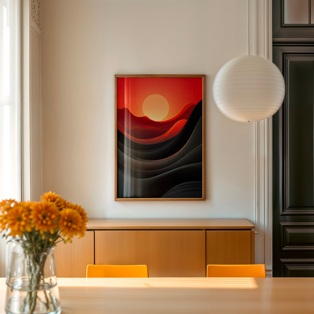 Dawn of Waves contemporary fine art giclée print displayed in a modern dining room – abstract landscape with rich black waves and a glowing sun.