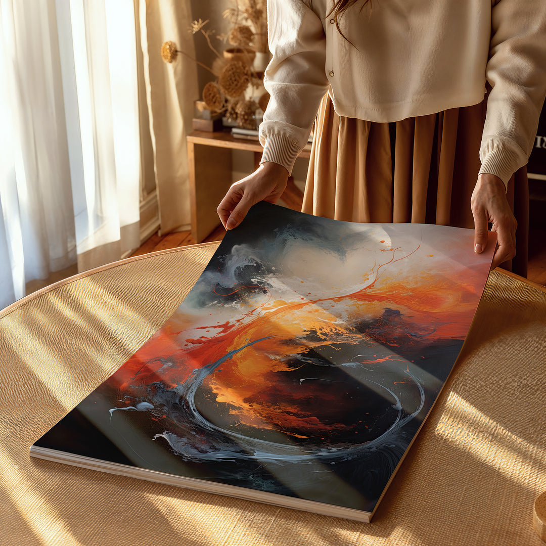 Elemental Fusion abstract fine art giclée print by Papanee Studio – energetic fusion of fire and water in striking warm and cool tones, ideal for statement walls.