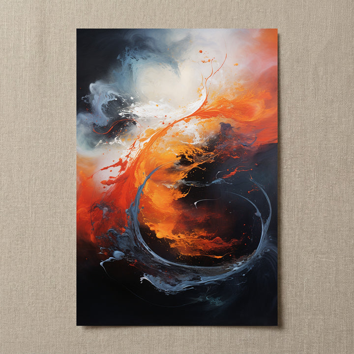 Elemental Fusion unframed fine art print shown on a neutral linen surface with blue, orange and white abstract brushwork.