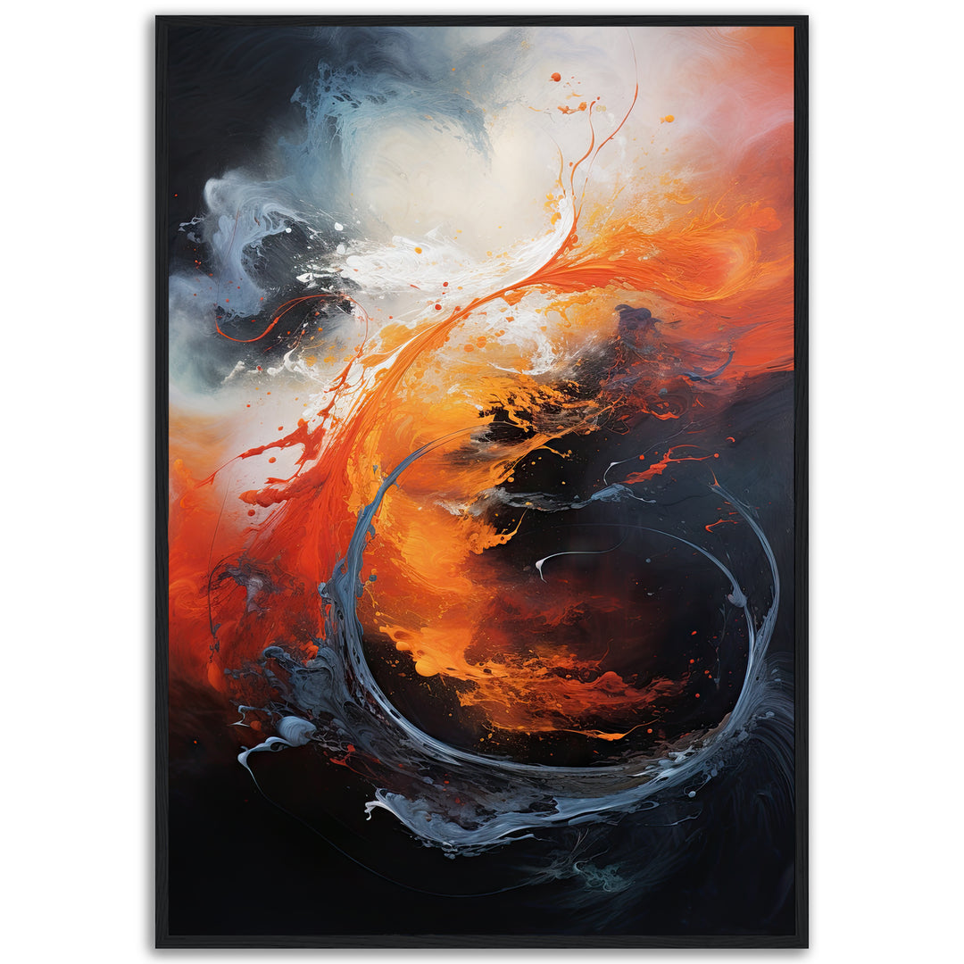 Elemental Fusion abstract fine art giclée print by Papanee Studio – dynamic swirl of fire and water in vivid orange, blue, and white hues, perfect for luxury interiors.