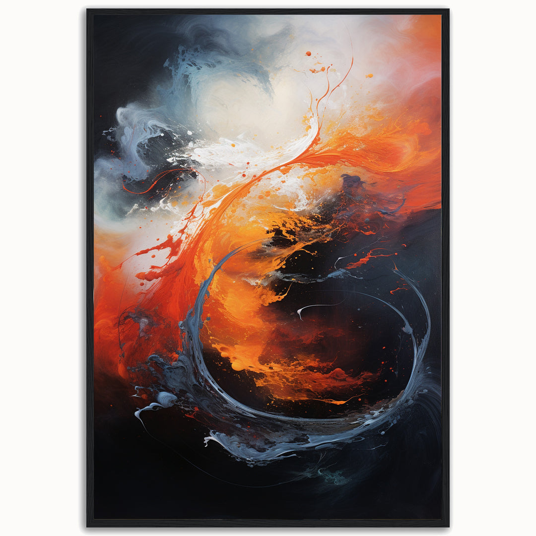 Elemental Fusion abstract fine art print with dynamic blue and orange forms inspired by fire and water.