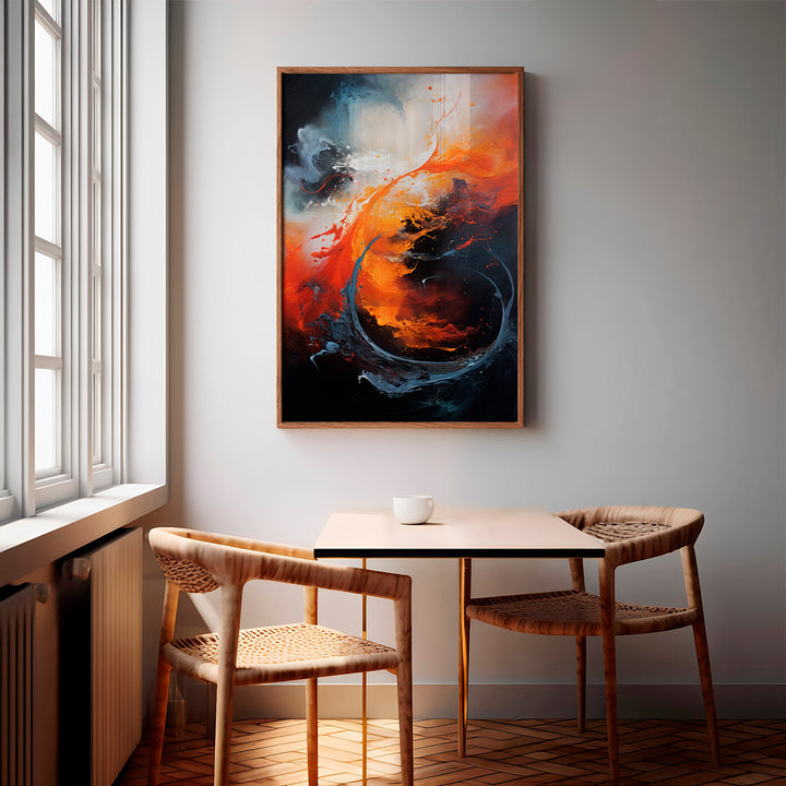 Elemental Fusion abstract fine art print displayed in a stylish living room – dynamic composition of orange flames and blue water swirls, contemporary wall art for luxury interiors.