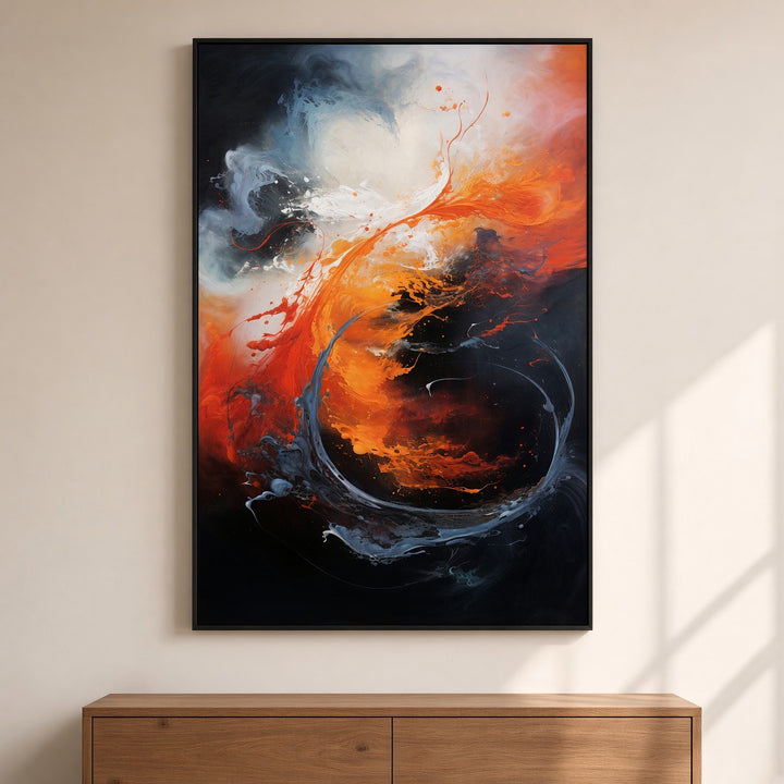 Elemental Fusion fire and water abstract wall art displayed as a fine art print in a contemporary interior.