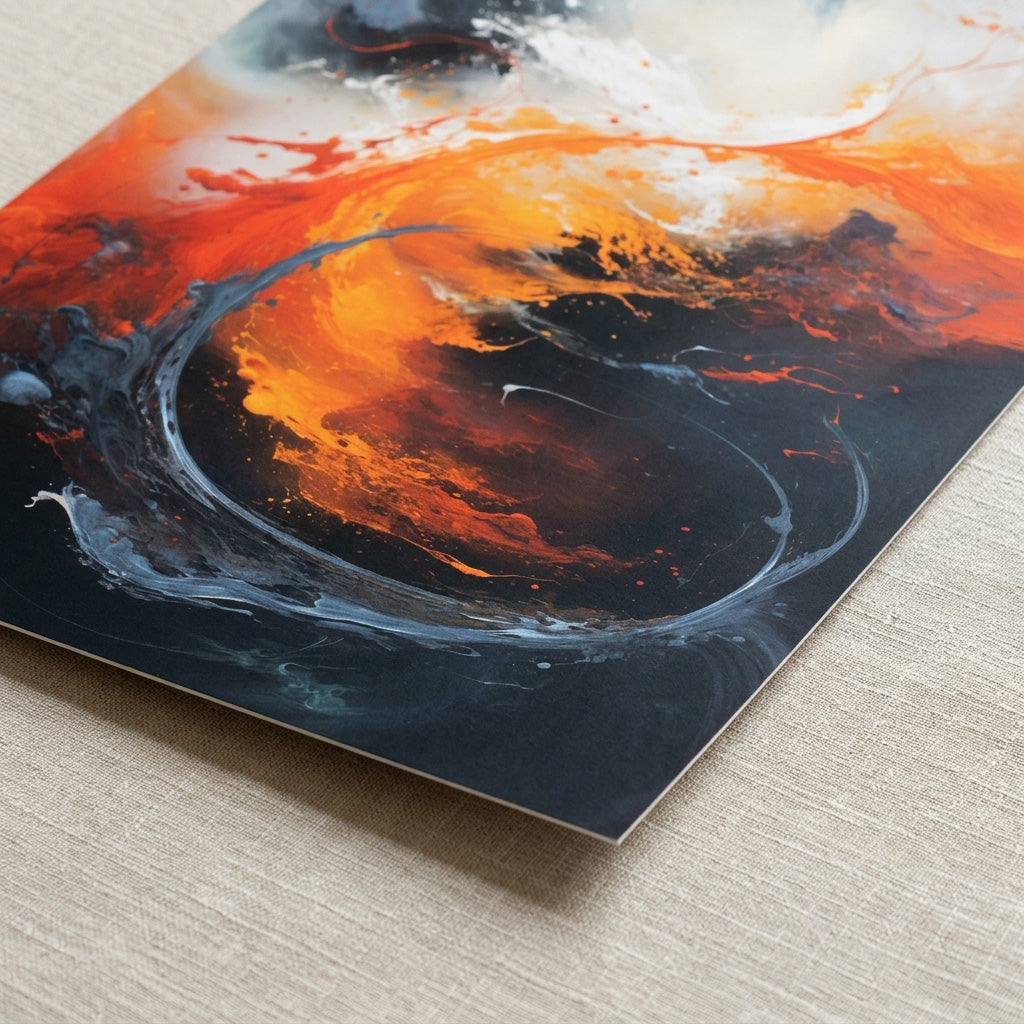 Close-up detail of the Elemental Fusion fine art print highlighting layered brushwork, blue and orange tones and paper texture.