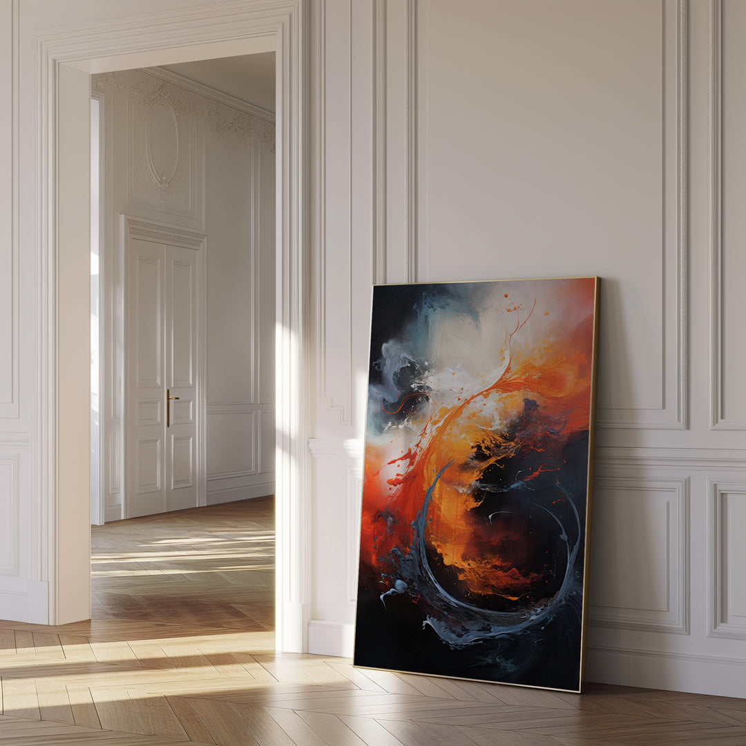 Framed Elemental Fusion fine art print displayed in a minimalist hallway – abstract fire and water artwork with vibrant orange, blue, and white tones, luxury wall decor.