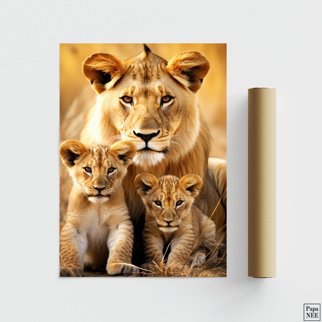 Golden Gaze | Lion Family Poster - Papanee
