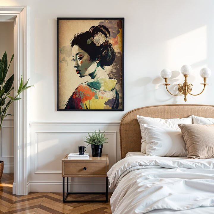 Graceful Geisha Japanese fine art giclée print displayed in a sophisticated bedroom – luxury wall art by Papanee Studio for modern interiors.