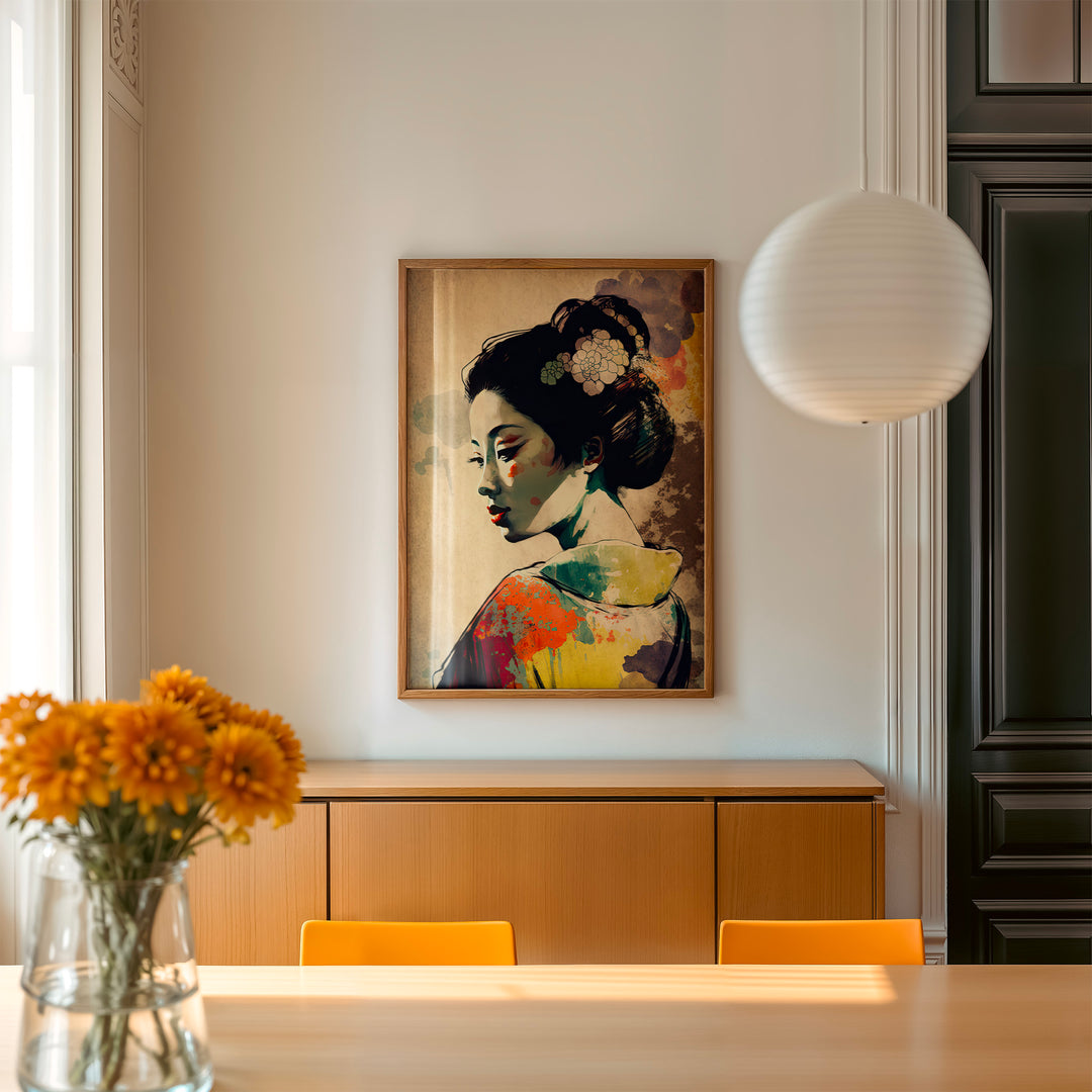 Framed Graceful Geisha artwork by Papanee Studio displayed in a modern living space – Japanese portrait fine art print with vibrant hues and elegant composition.