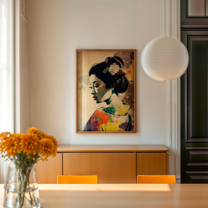 Framed Graceful Geisha artwork by Papanee Studio displayed in a modern living space – Japanese portrait fine art print with vibrant hues and elegant composition.