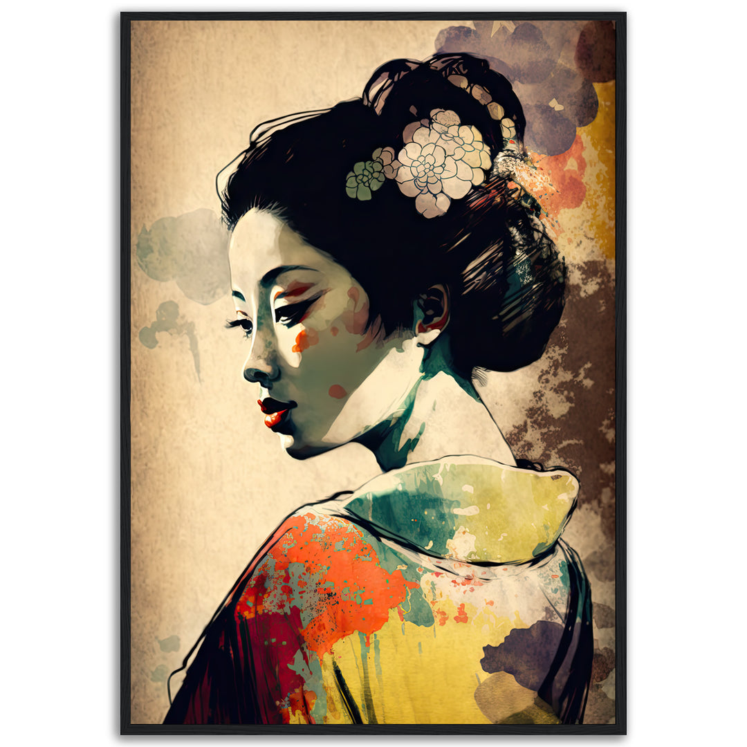 Graceful Geisha fine art giclée print by Papanee Studio – Japanese portrait with abstract watercolor textures in vibrant hues, luxury wall art for modern interiors.