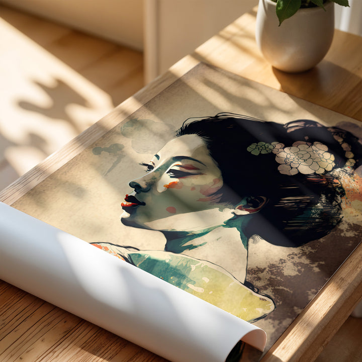 Rolled Graceful Geisha giclée fine art print by Papanee Studio – contemporary Japanese portrait with colorful abstract elements, perfect for luxury interiors.