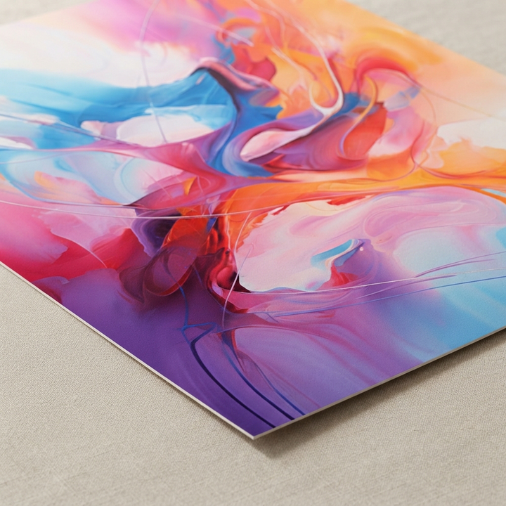 Close-up detail of the Hue Melange fine art print, highlighting layered brushwork and blue, orange and pink tones.