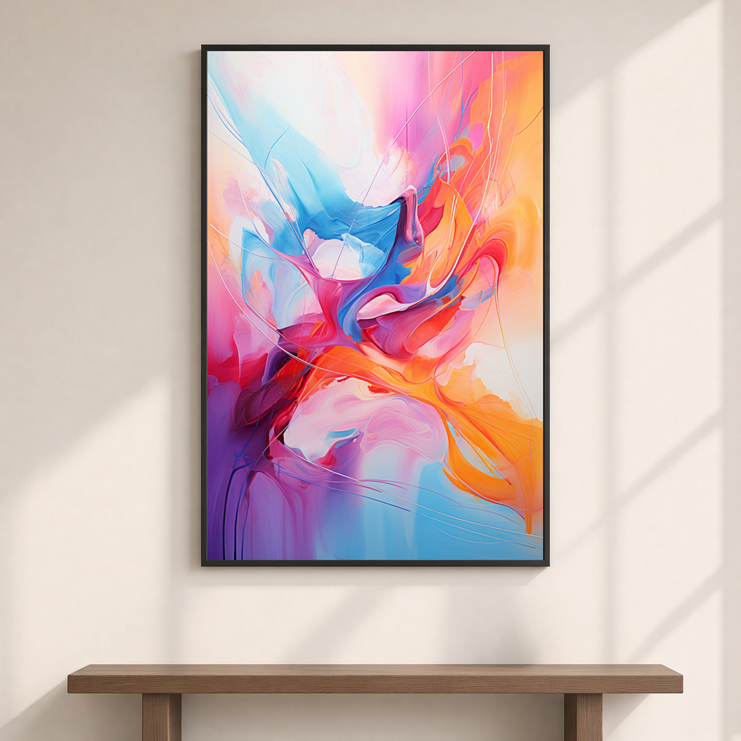 Hue Melange colorful abstract wall art displayed above a wooden bench in a calm modern interior.