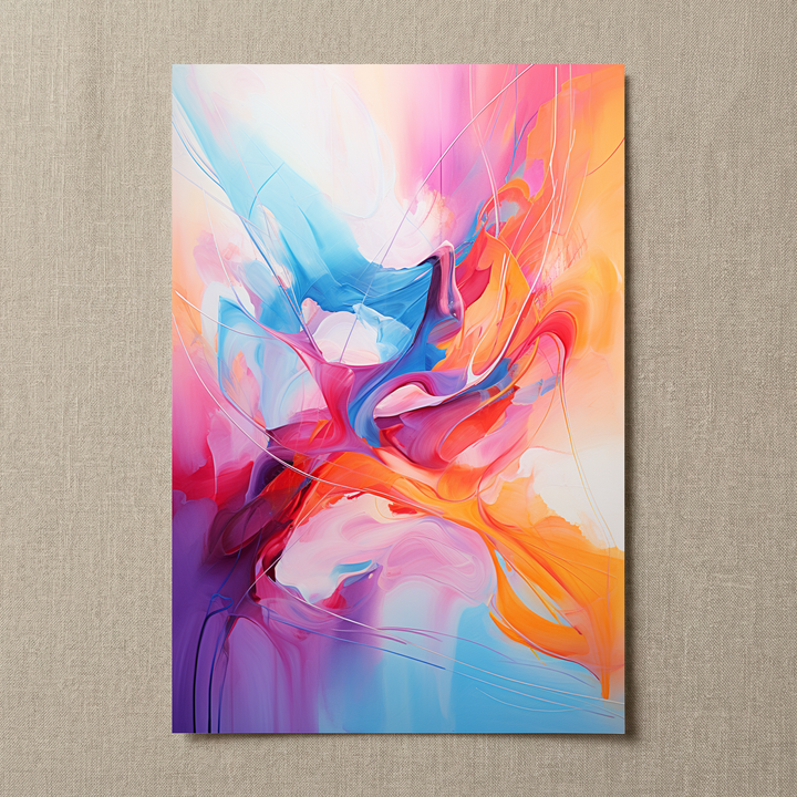 Hue Melange abstract fine art print shown on a neutral linen surface with visible paper texture and colorful brushwork.