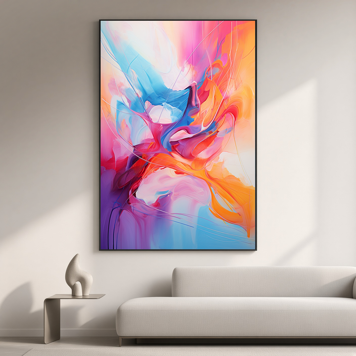 Hue Melange vibrant abstract wall art displayed above a sofa in a softly styled modern interior.