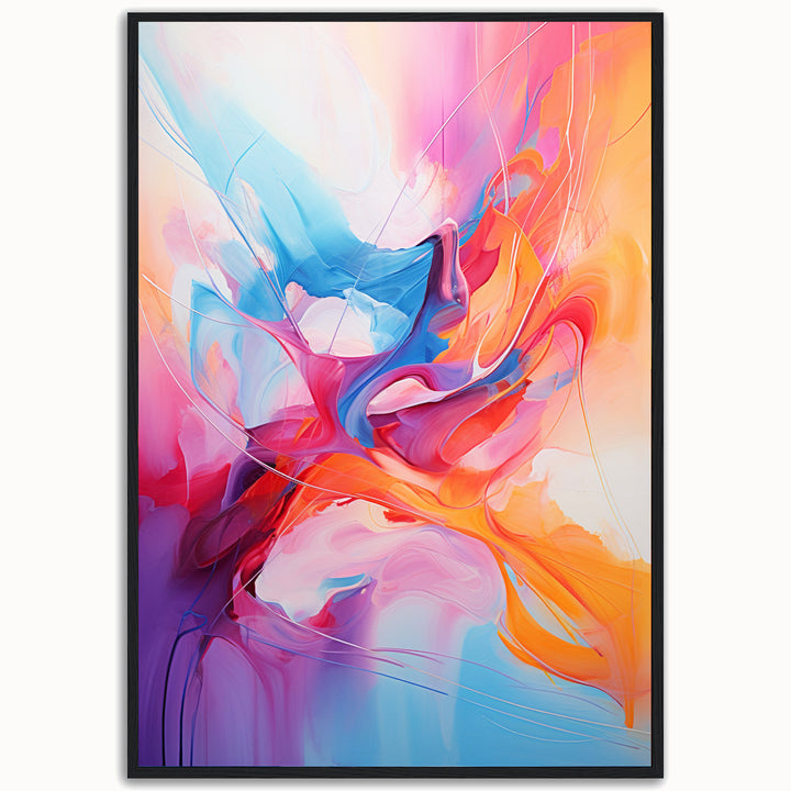 Hue Melange colorful abstract fine art print with layered blue, orange, pink and neutral brushwork.
