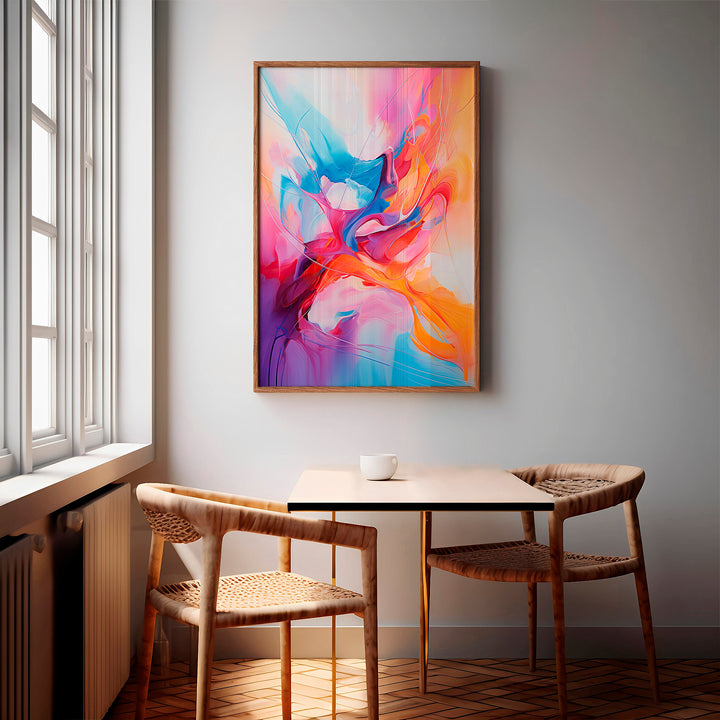 Framed Hue Melange abstract artwork by Papanee Studio displayed in a minimalist dining room – luxury giclée print with bold colors for elegant spaces.