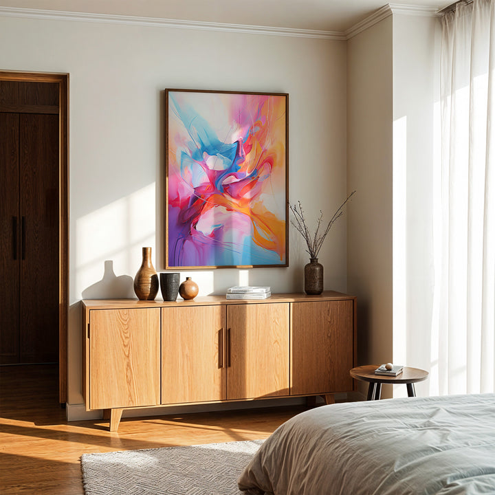 Hue Melange abstract fine art giclée print displayed in a serene bedroom – colorful modern wall art by Papanee Studio for high-end interiors.