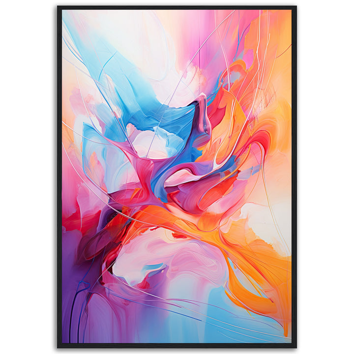 Hue Melange fine art giclée print by Papanee Studio – vibrant abstract painting with fluid brushstrokes in blue, orange, and pink hues, luxury wall art.