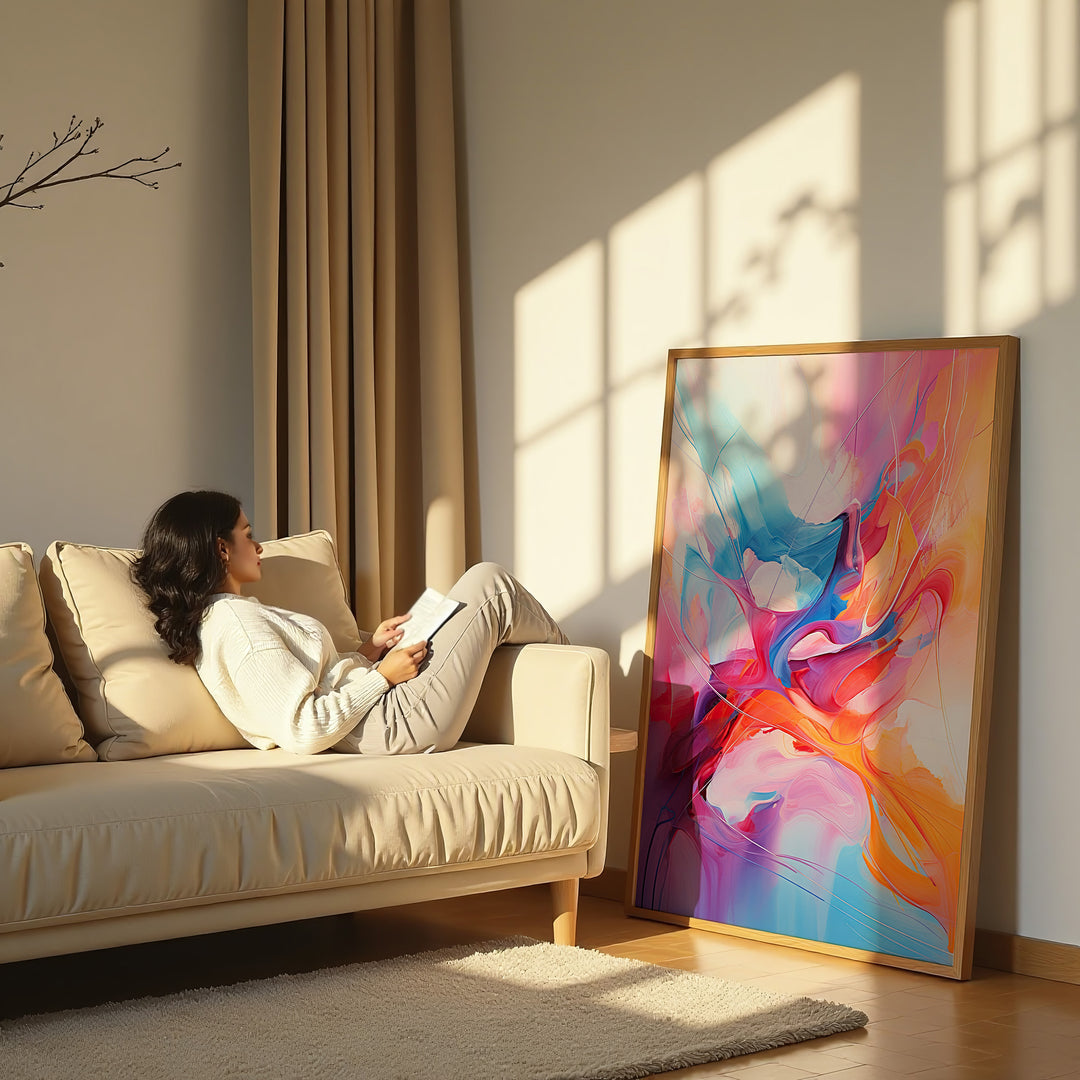 Hue Melange fine art giclée print on display – abstract painting with dynamic color flow, ideal for luxury modern interiors by Papanee Studio.