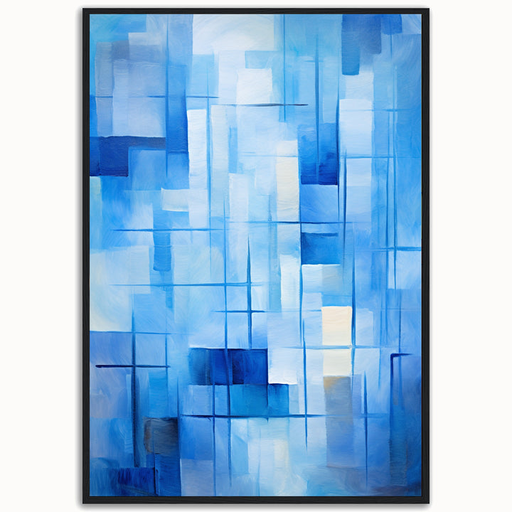 Icy Elegance abstract blue geometric fine art print with layered icy blue and white forms.