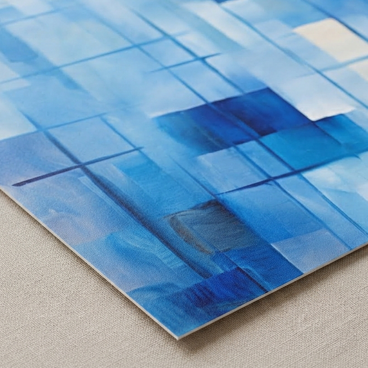 Close-up detail of Icy Elegance fine art print with layered blue geometric forms and subtle texture.