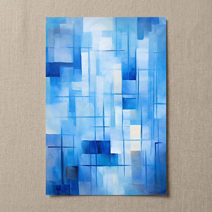 Icy Elegance fine art print showing the layered blue geometric artwork and premium paper texture.