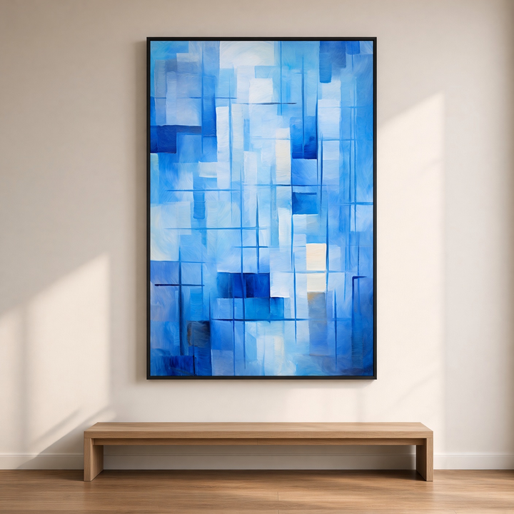 Icy Elegance blue abstract wall art displayed as a fine art print in a contemporary blue-toned interior.