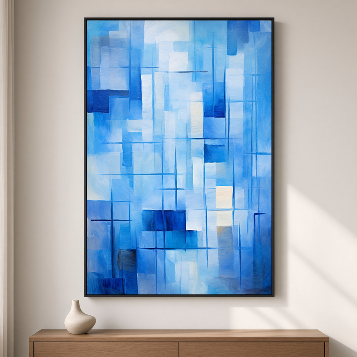 Icy Elegance abstract blue wall art displayed as a fine art print in a refined modern interior.