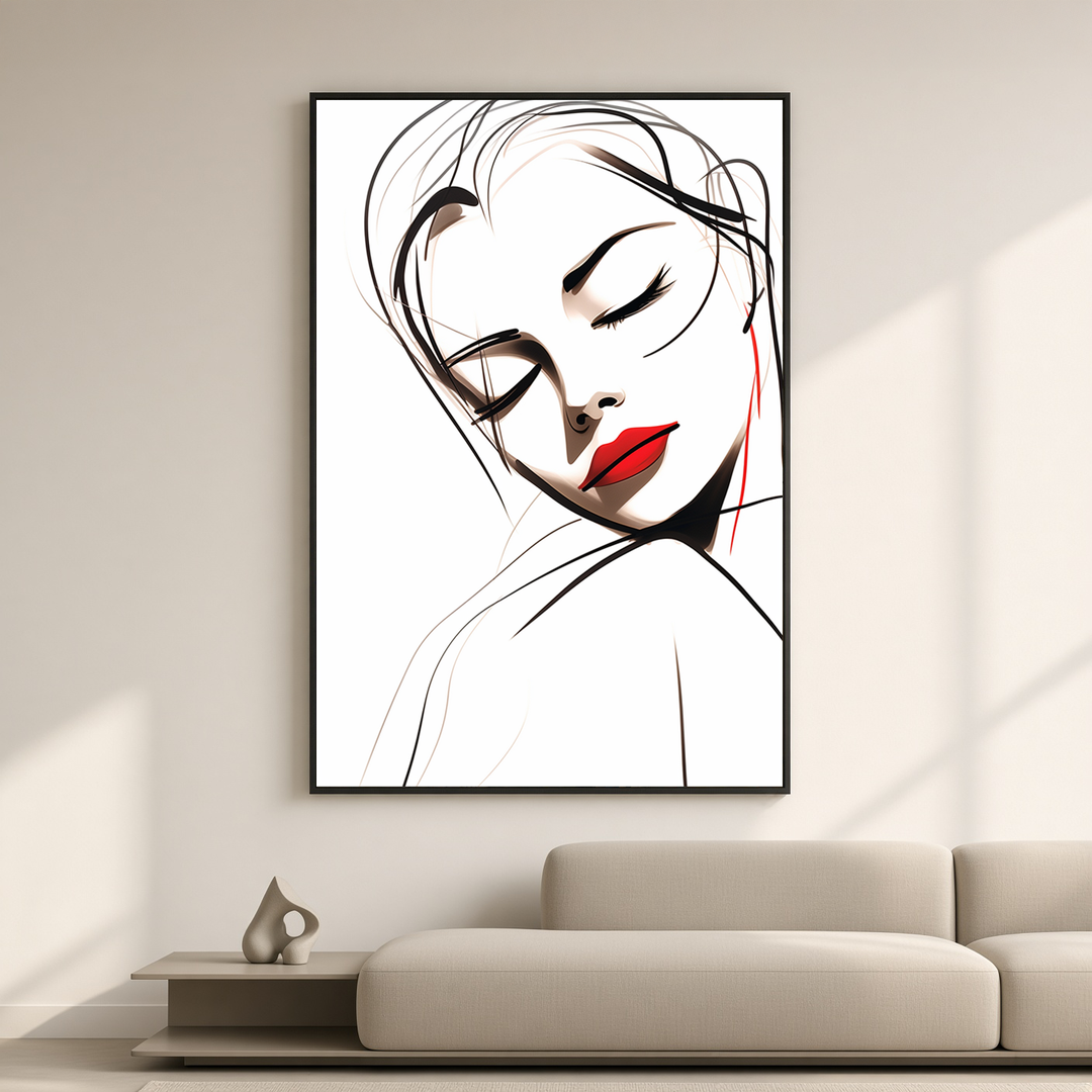 Lines of Grace minimalist portrait wall art displayed above a sofa in a refined modern interior.