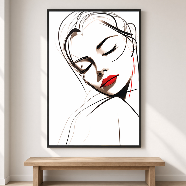 Lines of Grace minimalist line art print displayed on a wall, featuring a graceful female portrait with red lips.