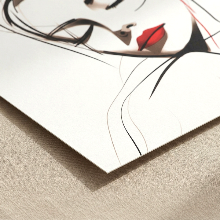 Close-up detail of the Lines of Grace fine art print, highlighting crisp black linework, red lips and paper texture.