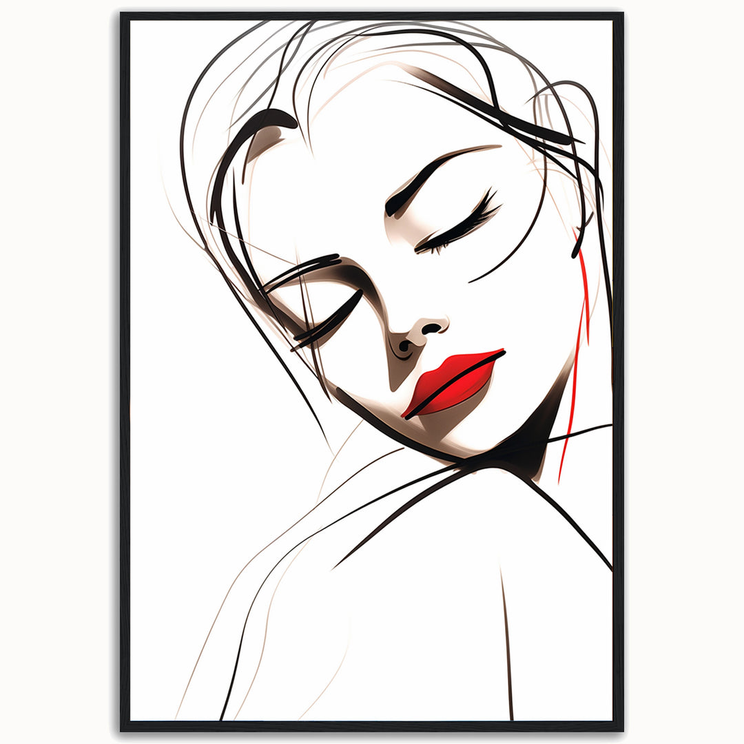 Lines of Grace minimalist woman fine art print with flowing black linework and bold red lips.