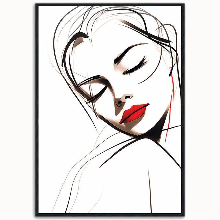 Lines of Grace minimalist woman fine art print with flowing black linework and bold red lips.