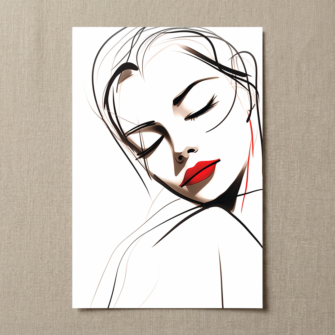 Lines of Grace minimalist woman wall art shown as a fine art print with elegant black lines and bold red lips.