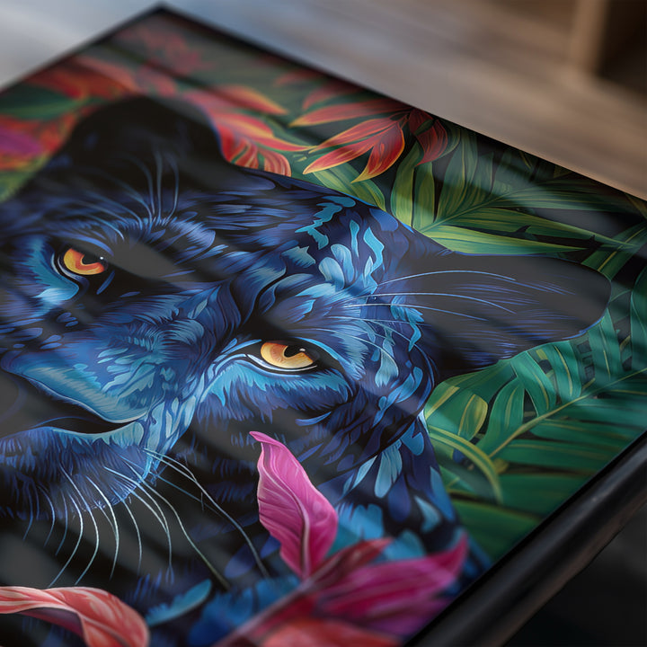 Close-up of Panther Prism by Papanee Studio – intricate details of a black panther’s face in a vibrant jungle setting, luxury wildlife art for modern interiors.