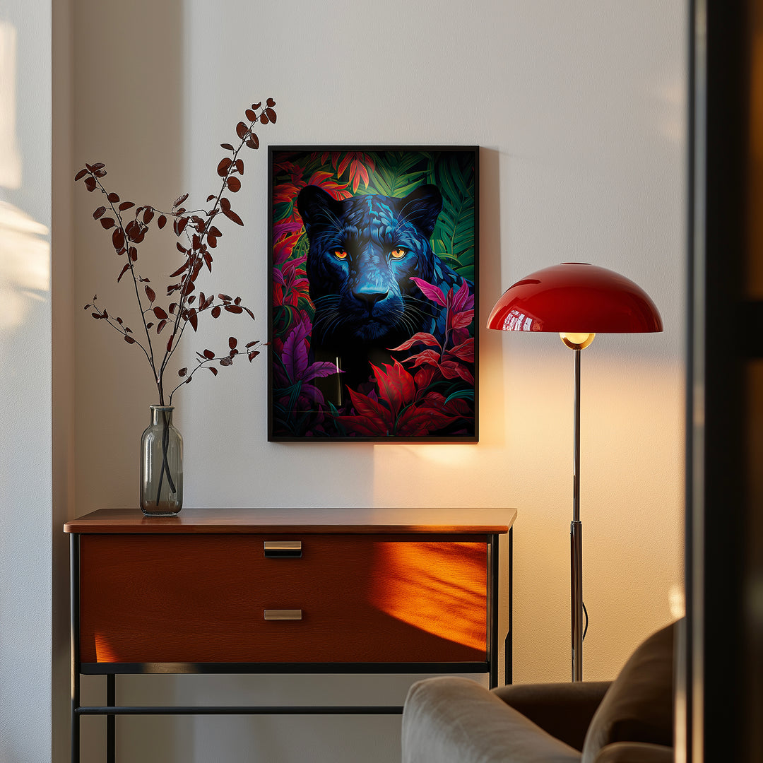 Panther Prism wildlife fine art giclée print displayed in a modern home – contemporary black panther portrait with vibrant colors, perfect for luxury home decor.