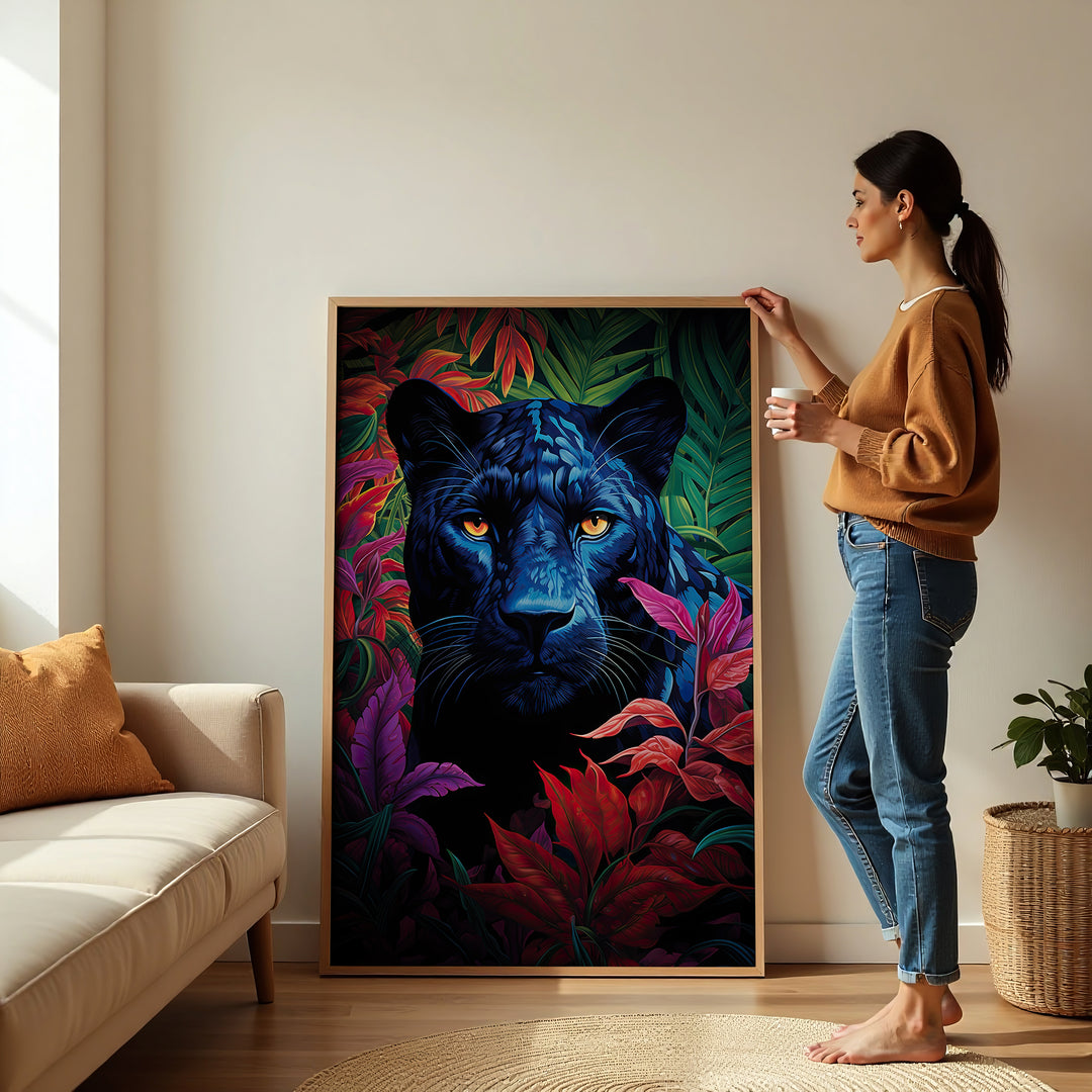 Framed Panther Prism artwork by Papanee Studio displayed in a contemporary living room – bold black panther portrait with colorful jungle background, fine art giclée print.