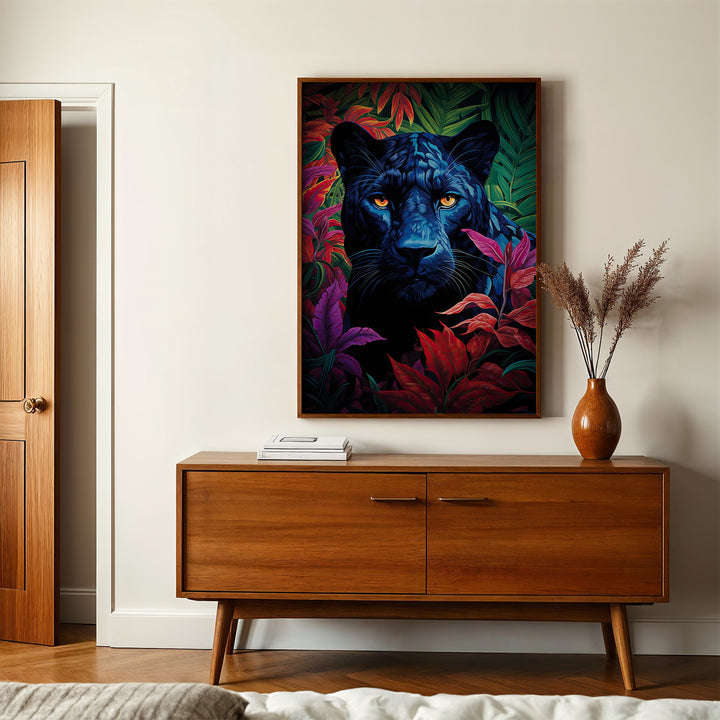 Panther Prism wildlife fine art giclée print by Papanee Studio – bold black panther portrait with vivid tropical leaves, displayed in a modern bedroom with mid-century decor.