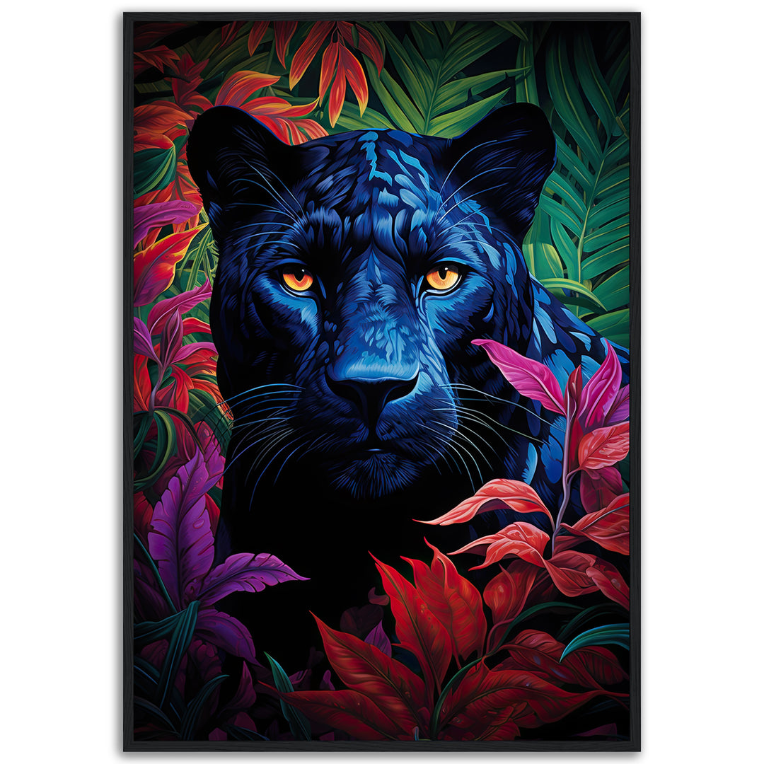 Panther Prism fine art giclée print by Papanee Studio – striking black panther with vivid blue tones, surrounded by lush tropical foliage in red, purple, and green hues.