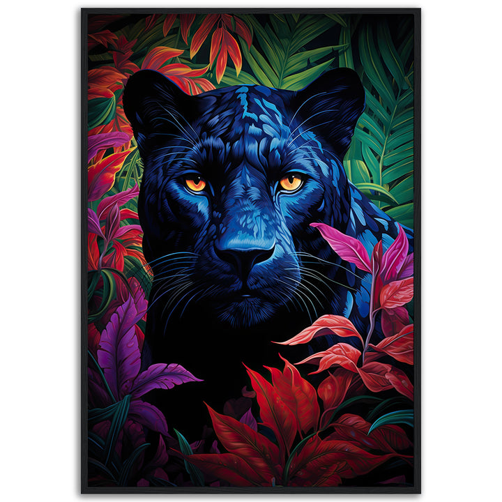 Panther Prism fine art giclée print by Papanee Studio – striking black panther with vivid blue tones, surrounded by lush tropical foliage in red, purple, and green hues.