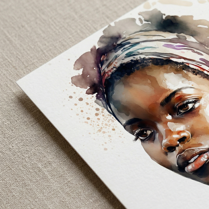 Detail view of Aisha Rising premium fine art print by Papanee showing watercolor texture, soft splatter detail, and the upper corner of the artwork