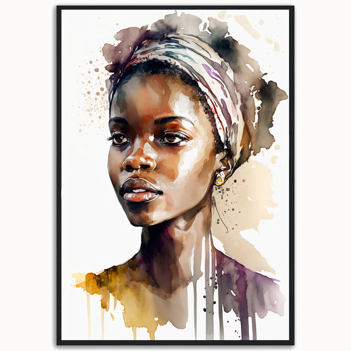 Aisha Rising premium fine art print by Papanee shown as a framed vertical portrait of a woman wearing a headwrap in warm watercolor tones