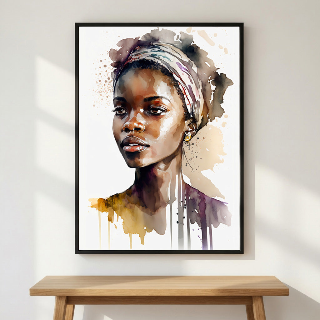 Aisha Rising premium fine art print by Papanee shown above a wooden bench in a calm modern interior with soft natural light